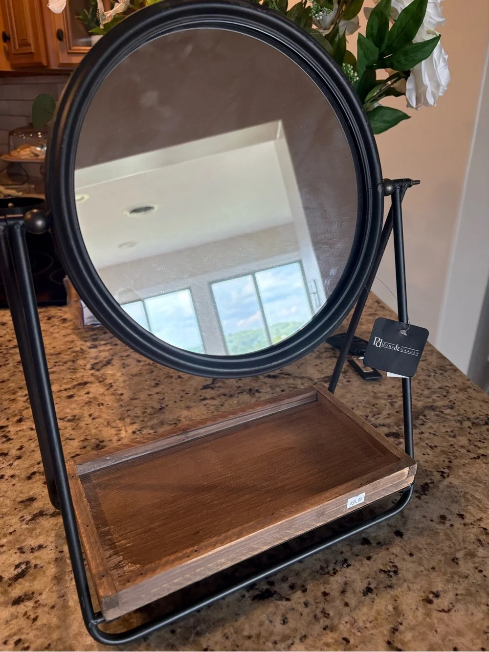 Round Black Vanity Mirror with Wooden Tray -